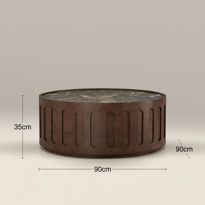 Juno Round Coffee Table Emperador Brown Honed Marble & Walnut
