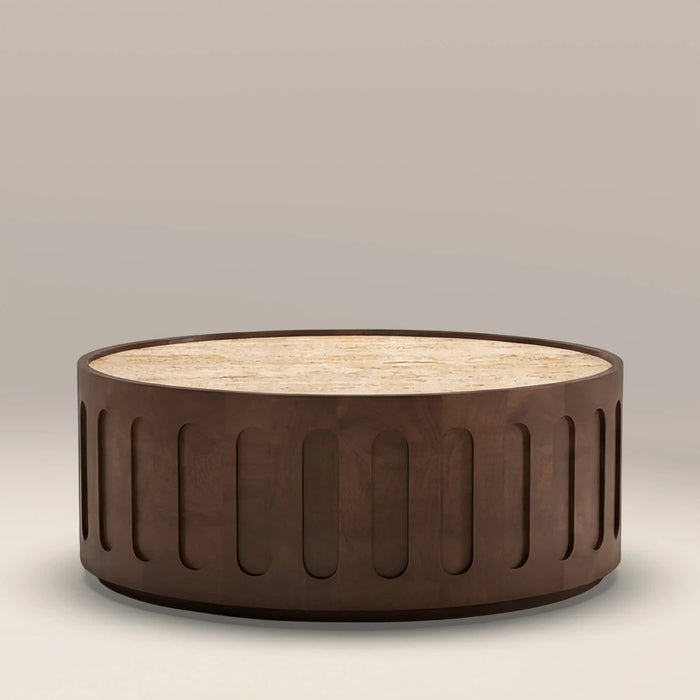 Juno Round Coffee Table Natural Travertine & Walnut