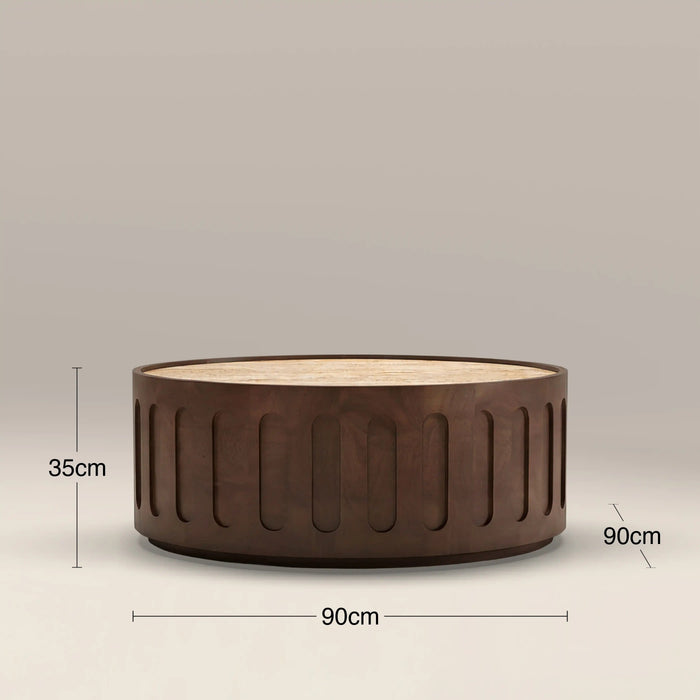 Juno Round Coffee Table Natural Travertine & Walnut