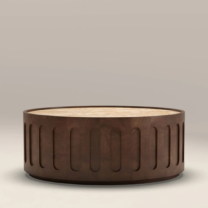 Juno Round Coffee Table Natural Travertine & Walnut