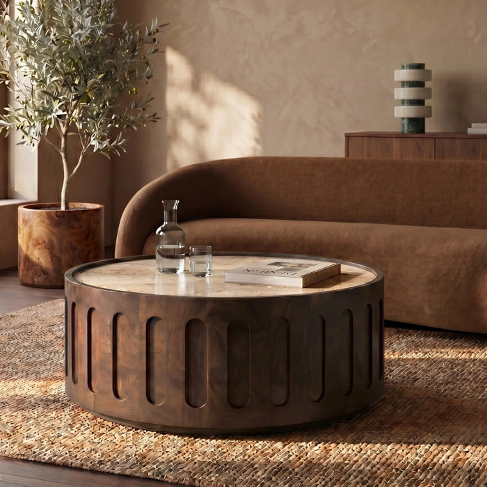 Juno Round Coffee Table Natural Travertine & Walnut