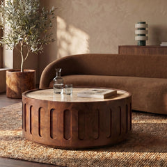 Juno Round Coffee Table | Natural Travertine & Walnut