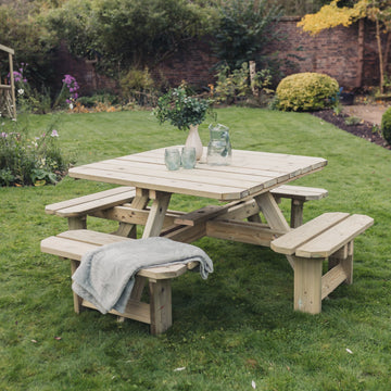 Square Wooden Picnic Table 8 Seater Outdoor Dining Set