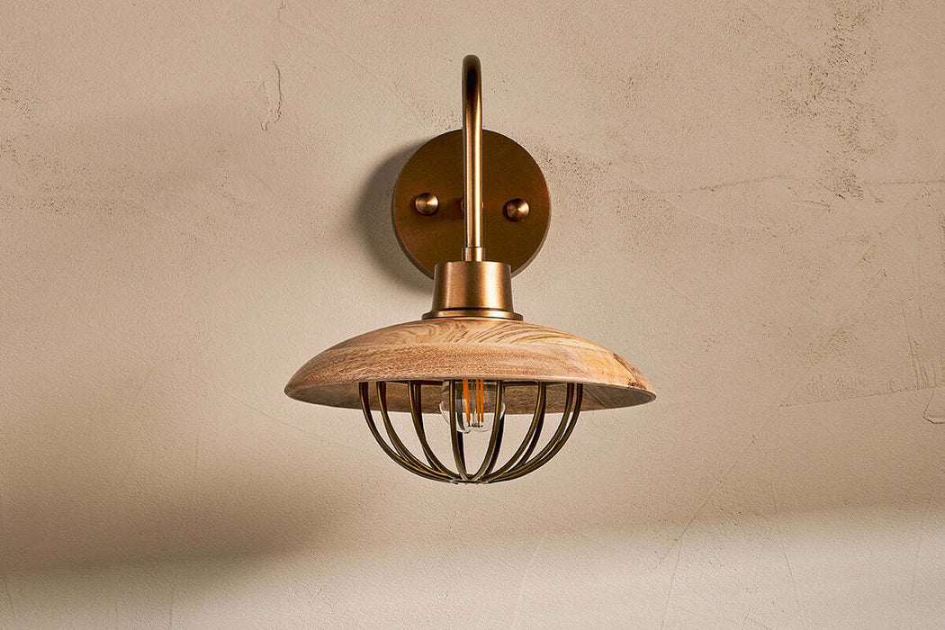 Chakai Mango Wood Wall Lamp Natural Antique Brass