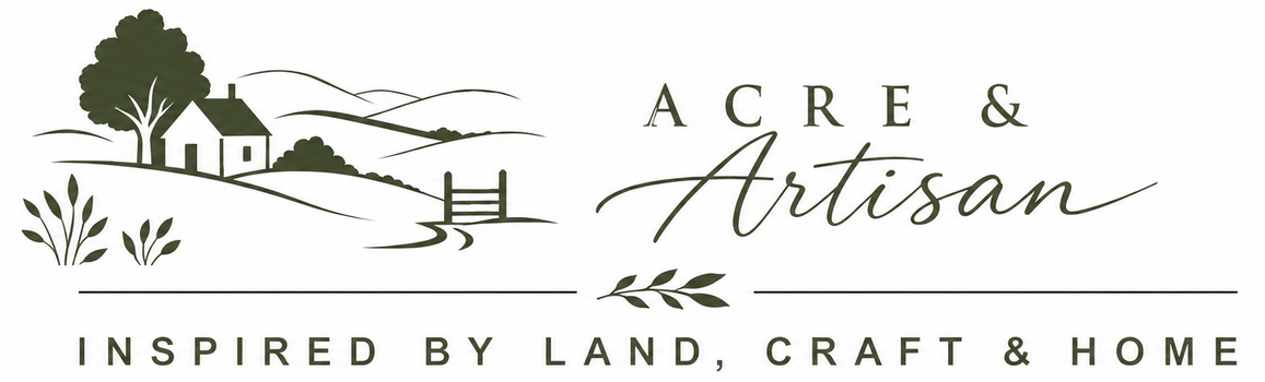 A square logo design for 'Acre & Artisan' featuring a dark olive green landscape illustration of a small house, tree, fence, and rolling hills on the left, alongside the brand name in serif and script fonts on the right, with the tagline 'Inspired by Land, Craft & Home' at the bottom.
