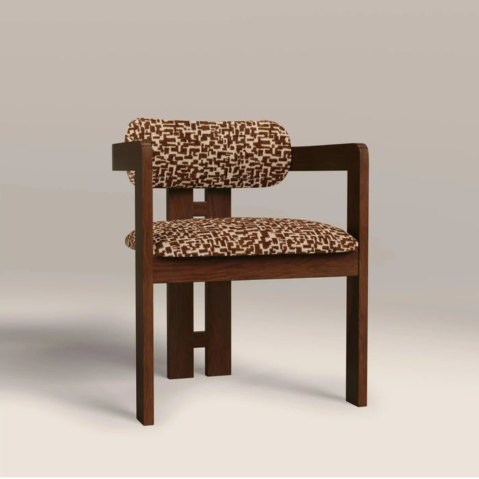 Hallie Wooden Carver Dining Chair | Ochre Patterned Fabric & Walnut