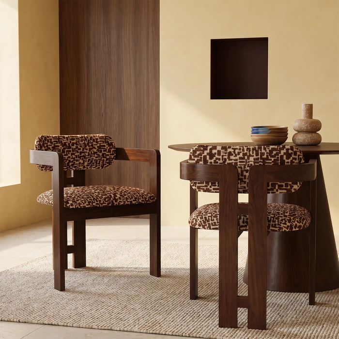 Hallie Wooden Carver Dining Chair | Ochre Patterned Fabric & Walnut