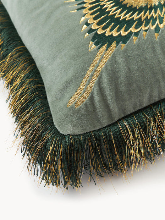 Onyx Embroidered Velvet Cushion Cover with Fringes