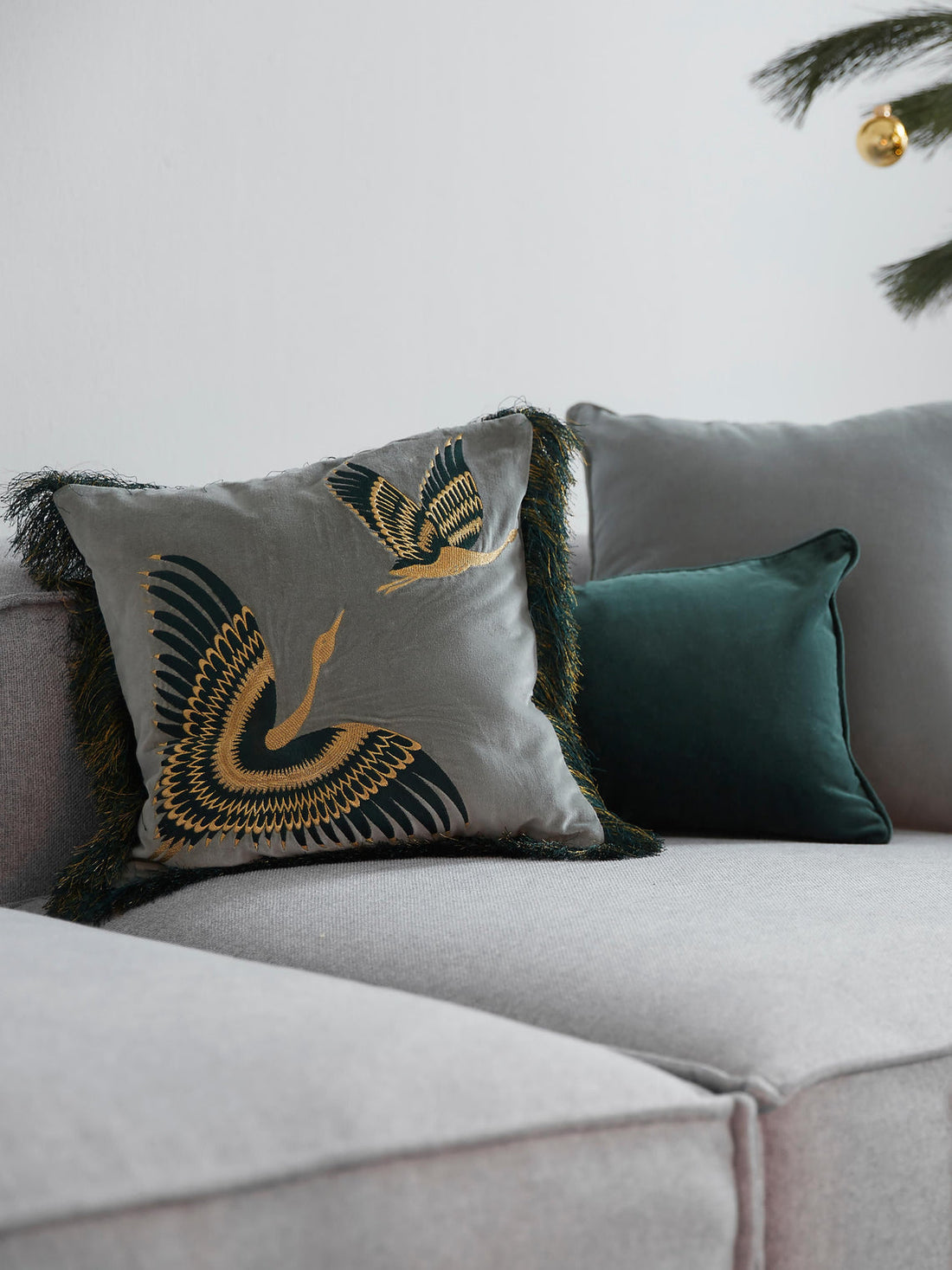 Onyx Embroidered Velvet Cushion Cover with Fringes