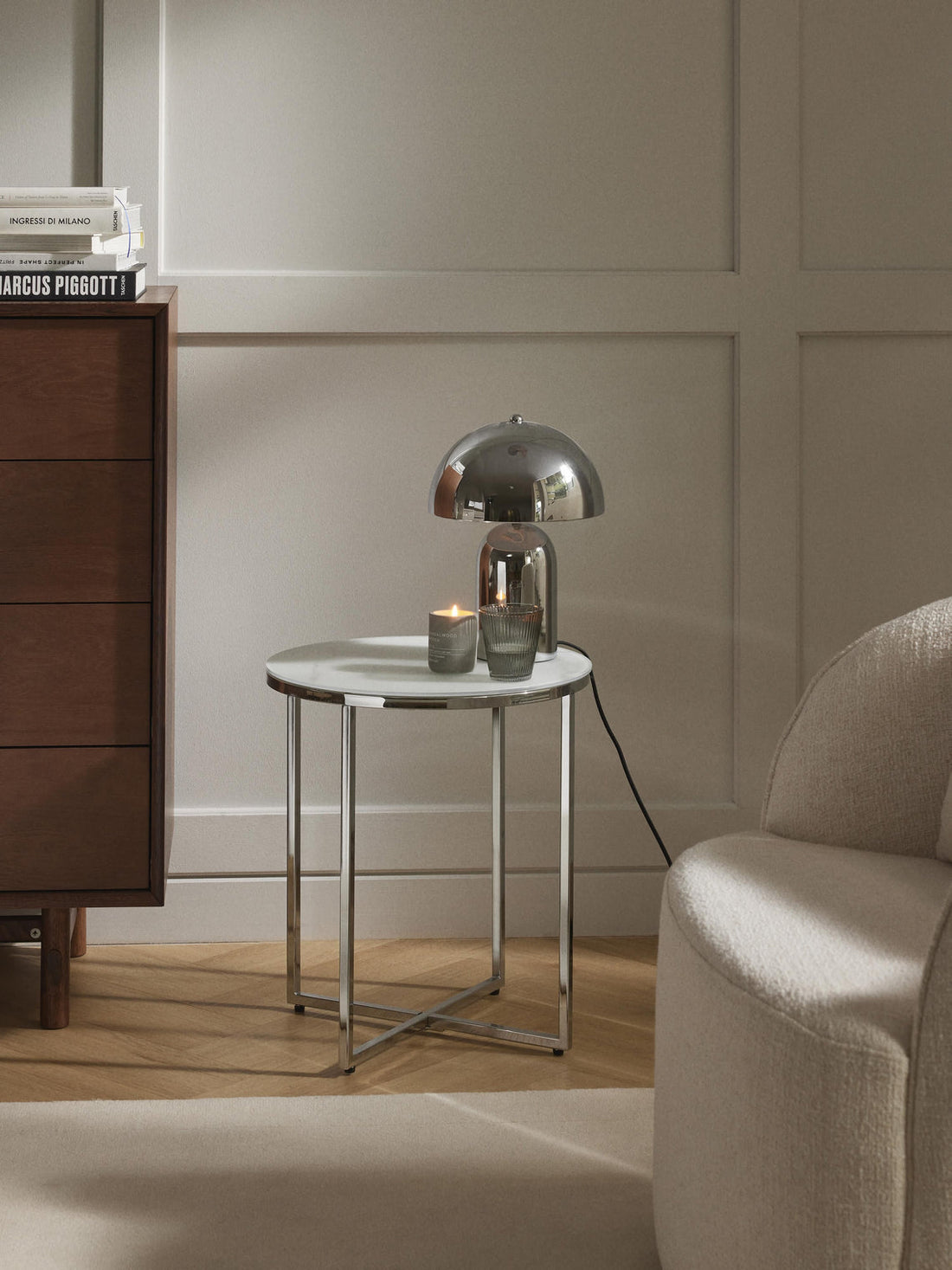 Antigua Round Side Table with Marble Effect Glass Top