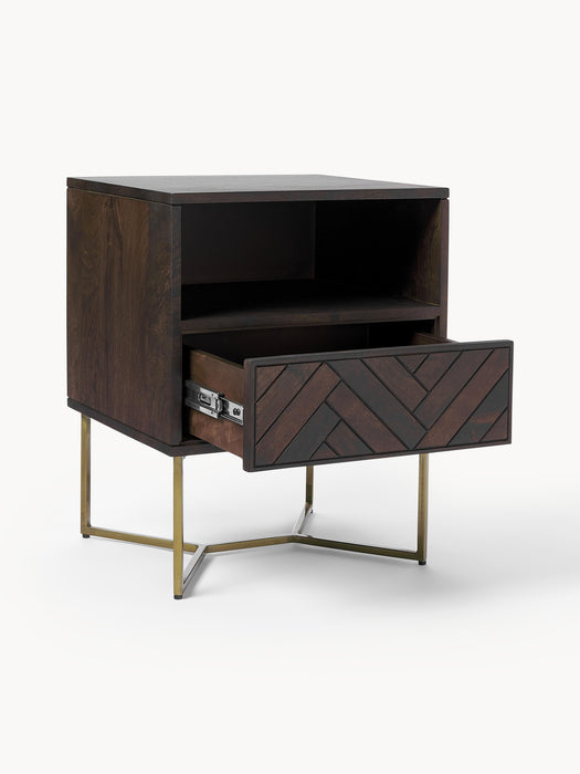 Mango Wood Bedside Table Luca with Herringbone Pattern
