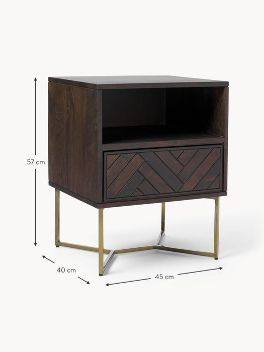 Mango Wood Bedside Table Luca with Herringbone Pattern