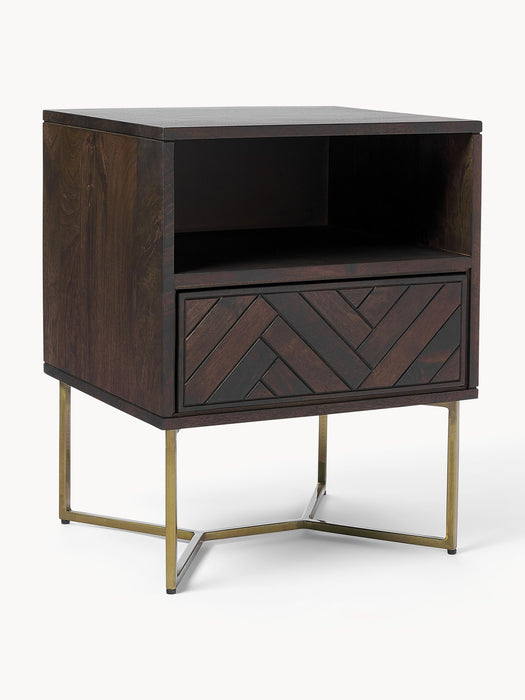 Mango Wood Bedside Table Luca with Herringbone Pattern