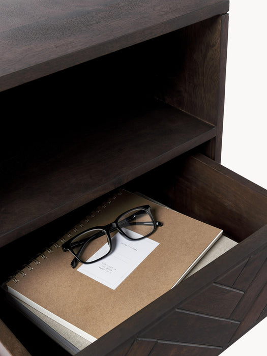 Mango Wood Bedside Table Luca with Herringbone Pattern