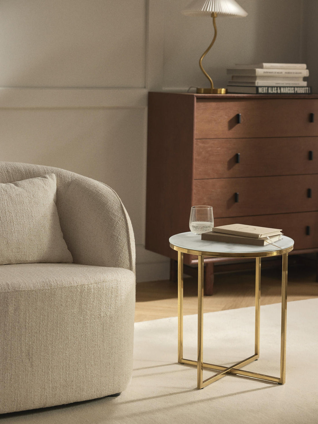 Antigua Round Side Table with Marble Effect Glass Top