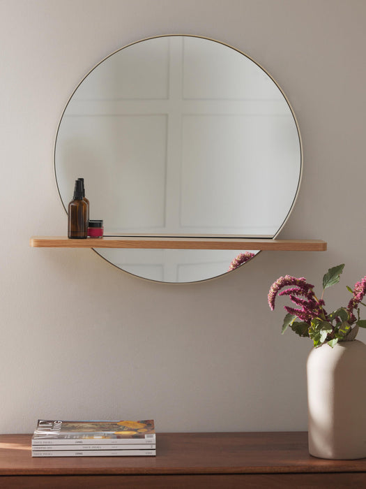 Kenny Round Wall Mirror with Wooden Shelf