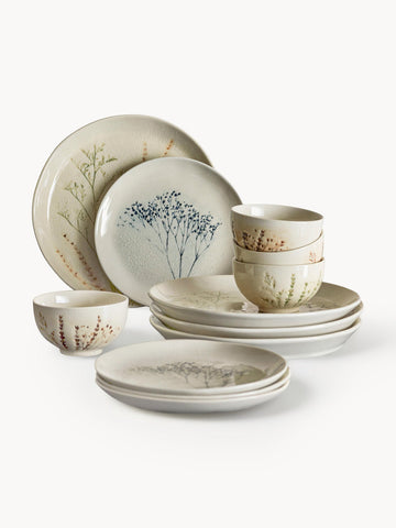 Handmade Tableware Set Bea with Grass Motif, 4 People, Set of 12