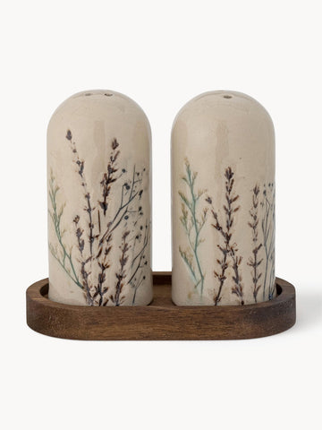 Handmade Salt and Pepper Shakers Bea with Wooden Tray