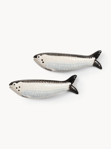 Hand-Painted Dolomite Salt and Pepper Shakers Sardine, Set of 2