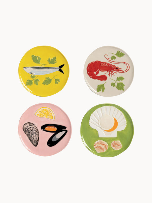 Hand-Painted Dolomite Dessert Plates De La Mer Set of 4