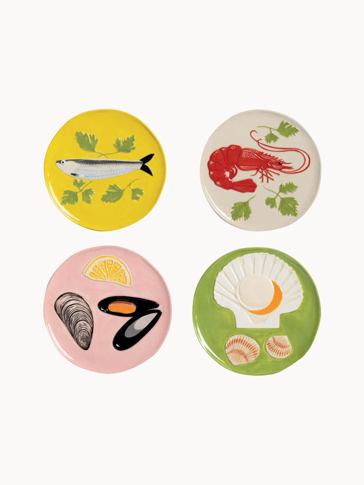 Hand-Painted Dolomite Dessert Plates De La Mer, Set of 4