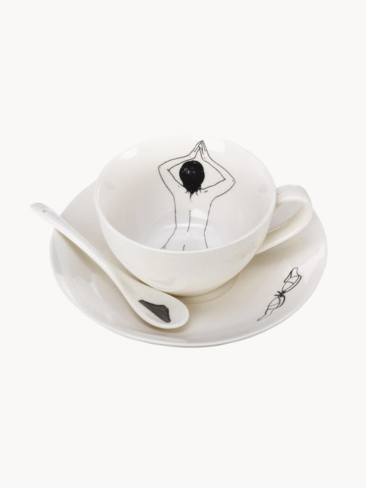 Hand-Painted Coffee Cups Undressed with Saucers and Spoons Set of 4