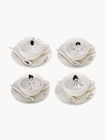 Undressed Hand-Painted Coffee Cups with Saucers and Spoons, Set of 4