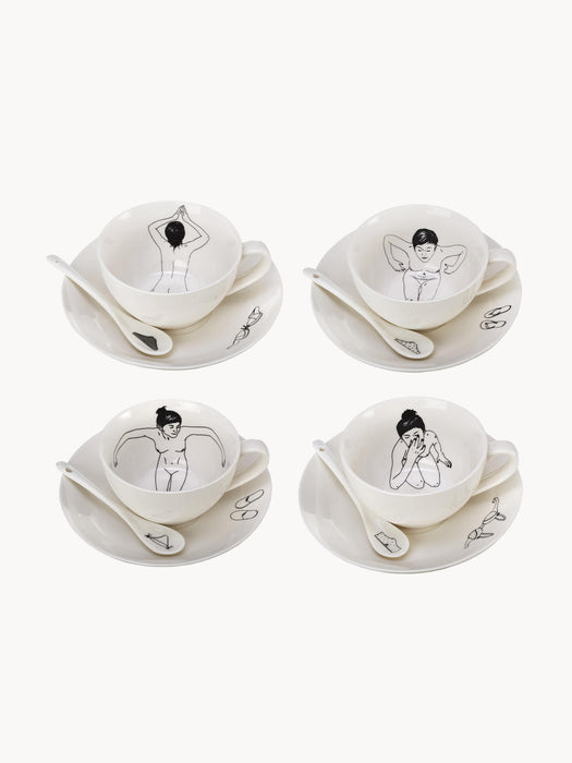 Undressed Hand-Painted Coffee Cups with Saucers and Spoons, Set of 4
