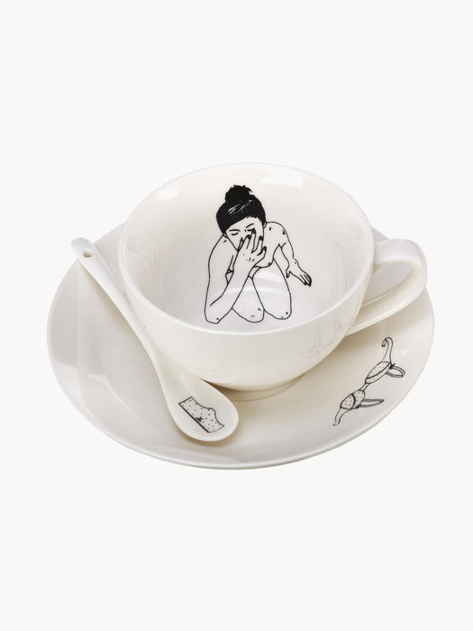 Undressed Hand-Painted Coffee Cups with Saucers and Spoons, Set of 4