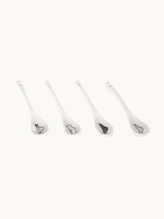 Undressed Hand-Painted Coffee Cups with Saucers and Spoons, Set of 4