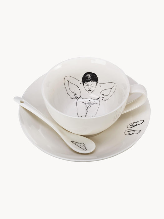 Hand-Painted Coffee Cups Undressed with Saucers and Spoons Set of 4