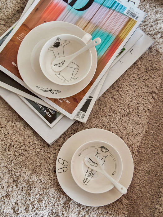 Undressed Hand-Painted Coffee Cups with Saucers and Spoons, Set of 4