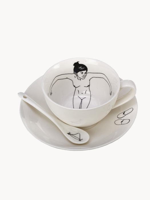 Undressed Hand-Painted Coffee Cups with Saucers and Spoons, Set of 4