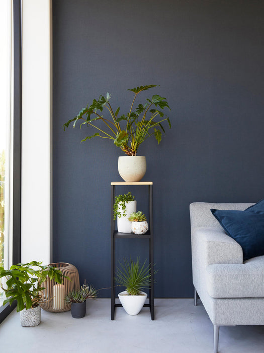 Narrow Metal and Bamboo Wood Shelf Tower