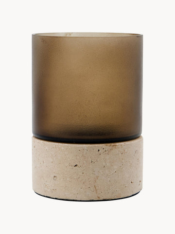 Mouth-Blown Glass Candle Holder Rivo with Travertine Base