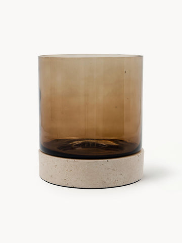 Mouth-Blown Glass Candle Holder Rivo with Travertine Base