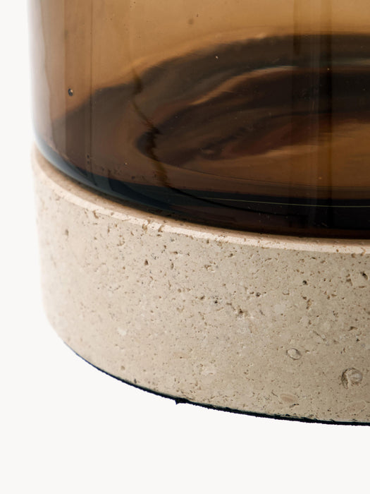 Mouth-Blown Glass Candle Holder Rivo with Travertine Base