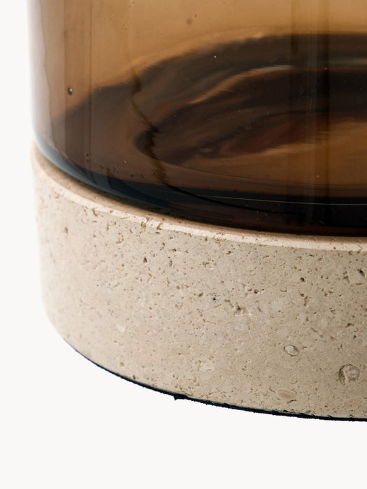 Mouth-Blown Glass Candle Holder Rivo with Travertine Base