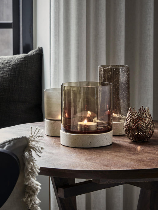 Mouth-Blown Glass Candle Holder Rivo with Travertine Base