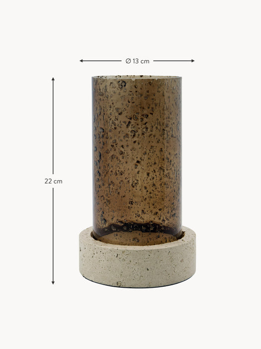 Mouth-Blown Glass Candle Holder Rivo with Travertine Base