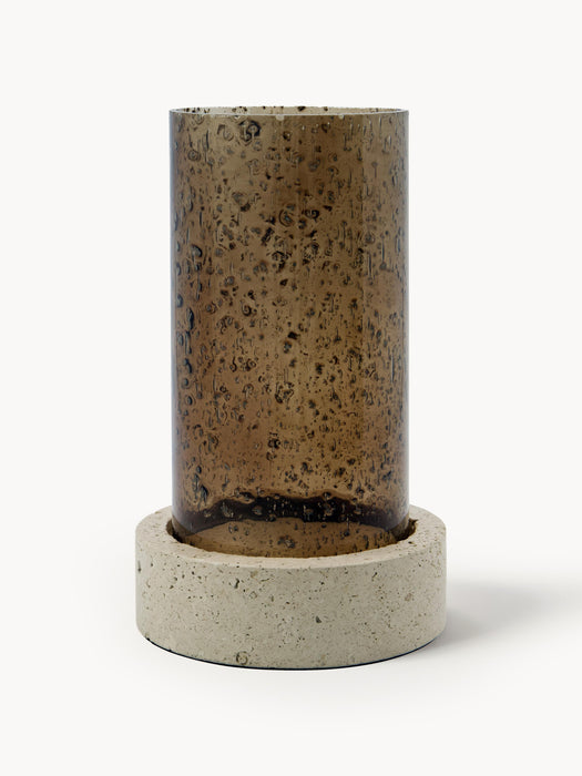 Mouth-Blown Glass Candle Holder Rivo with Travertine Base
