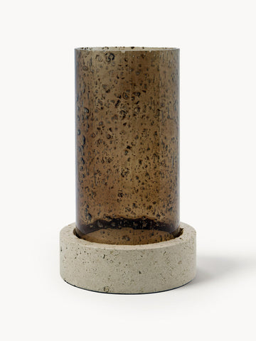 Mouth-Blown Glass Candle Holder Rivo with Travertine Base