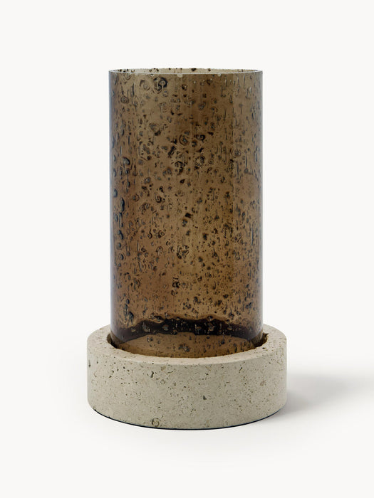 Mouth-Blown Glass Candle Holder Rivo with Travertine Base