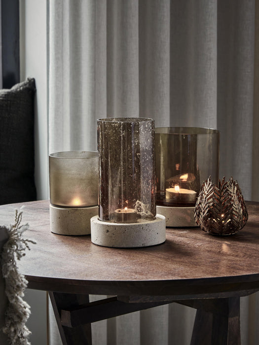 Mouth-Blown Glass Candle Holder Rivo with Travertine Base