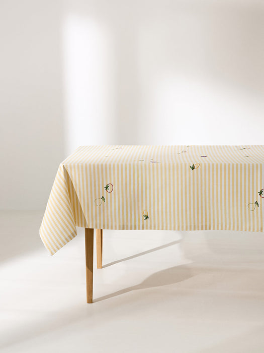 Melony Striped Tablecloth with Embroidered Motifs