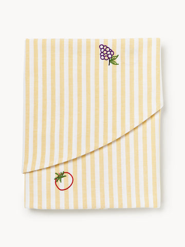 Melony Striped Round Tablecloth with Embroidered Motifs