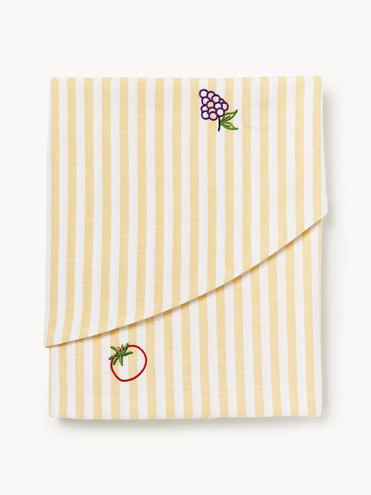 Melony Striped Round Tablecloth with Embroidered Motifs
