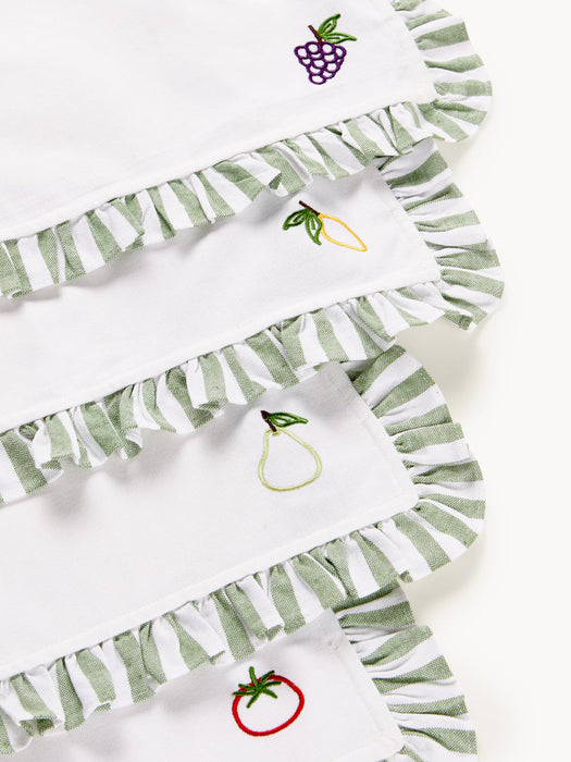Melony Cloth Napkins with Embroidered Motifs and Ruffles, Set of 4