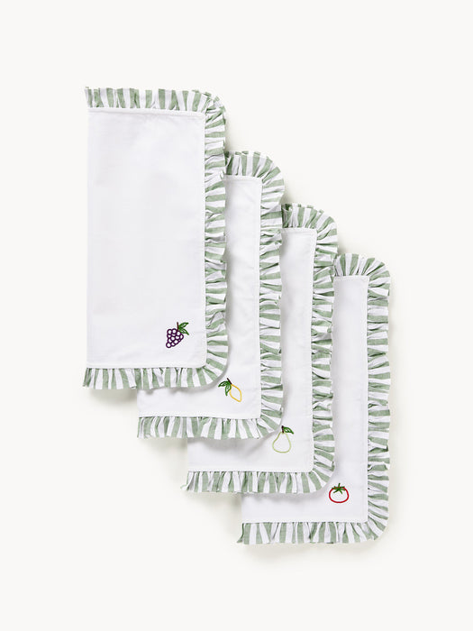 Melony Cloth Napkins with Embroidered Motifs and Ruffles, Set of 4