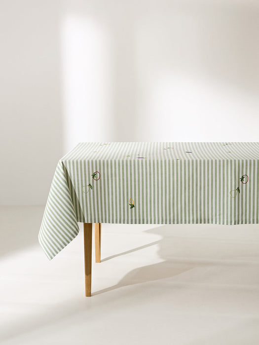 Melony Striped Tablecloth with Embroidered Motifs
